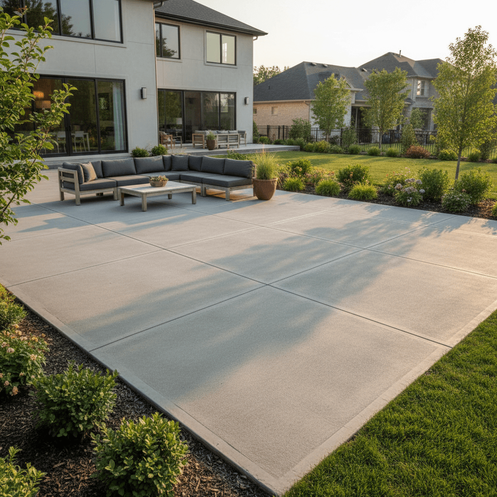 Completed residential concrete patio in backyard setting