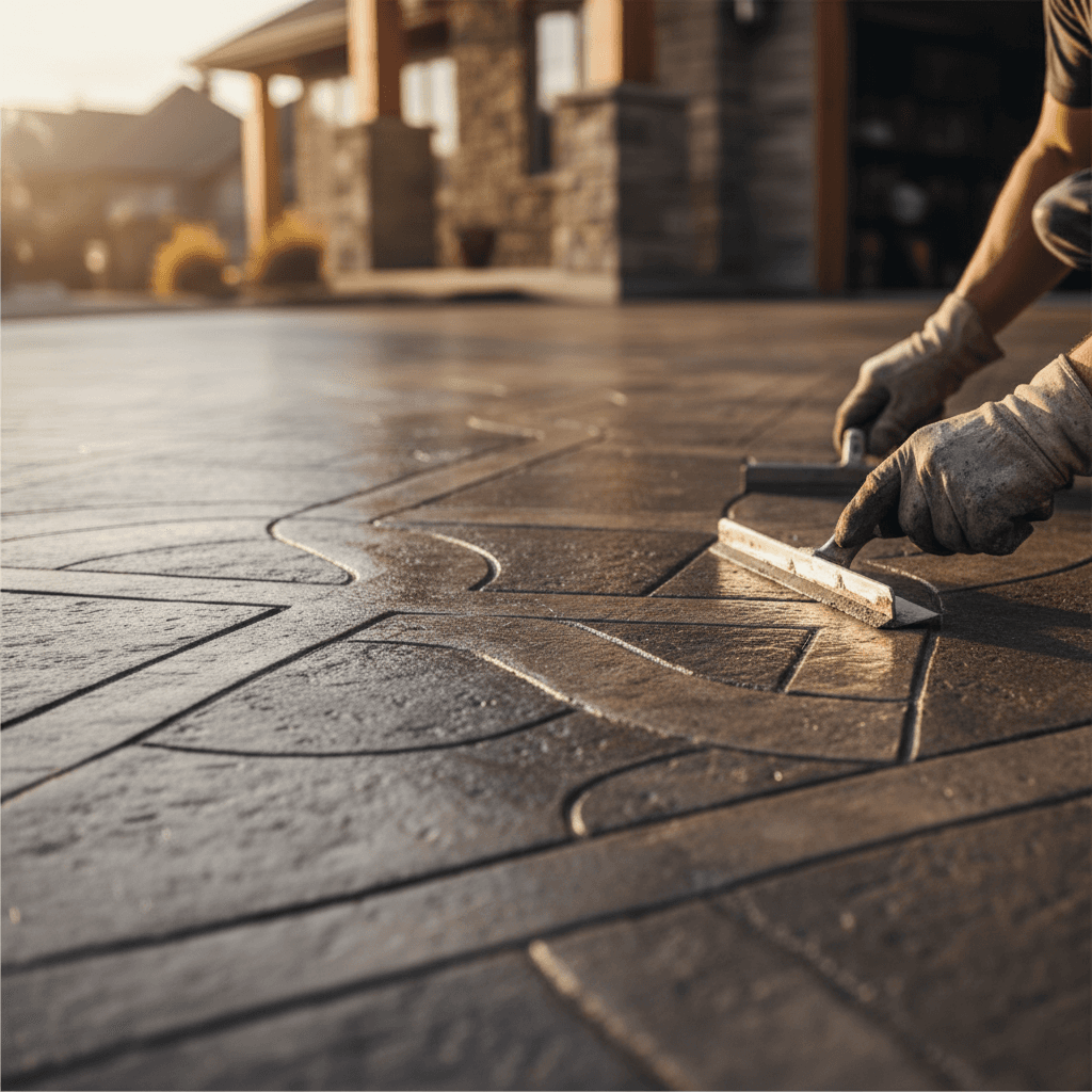 Craftsman finishing decorative concrete driveway