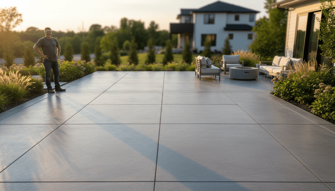 Finished concrete patio with homeowner admiring the completed project at sunset
