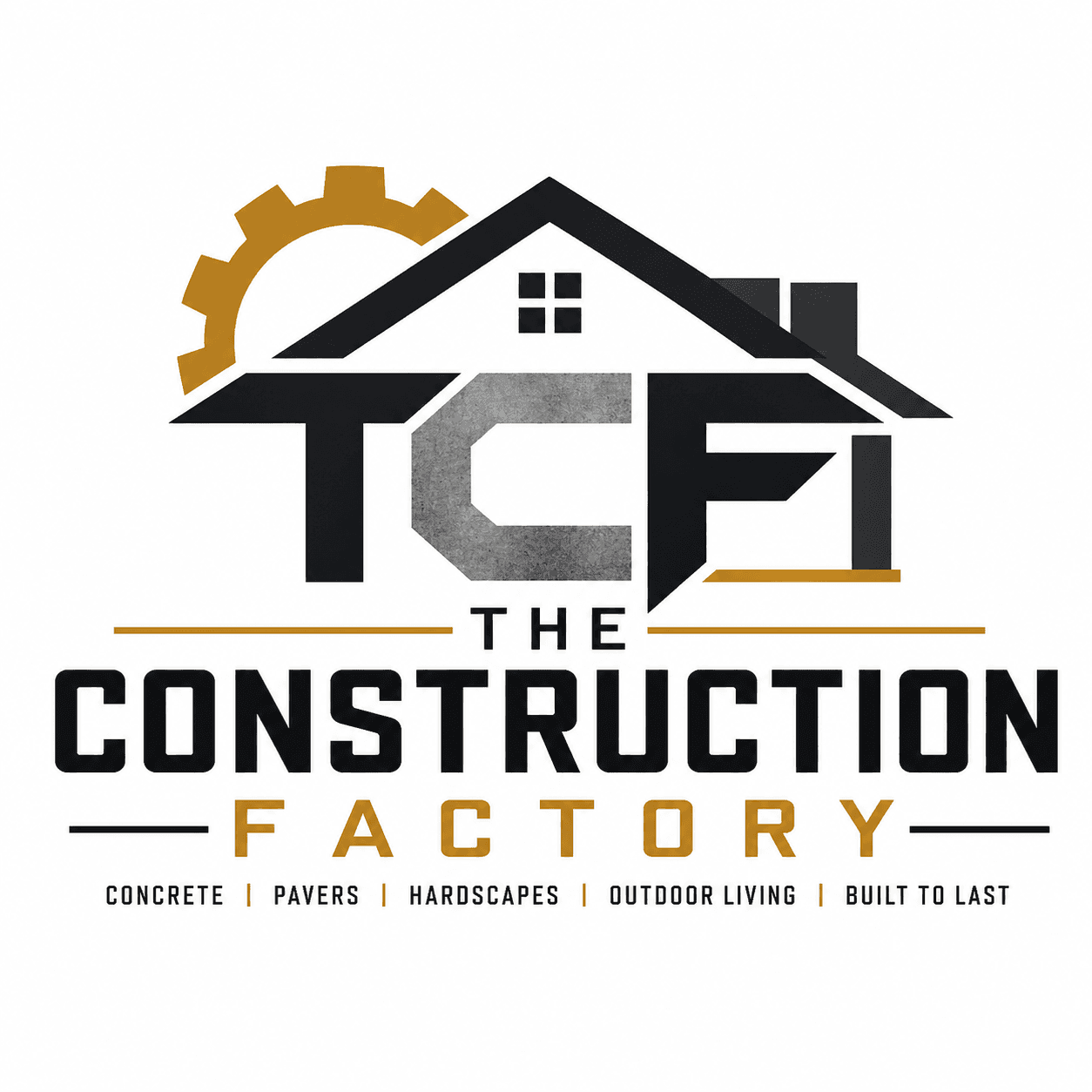 The Construction Factory logo featuring a house roof, gear icon, and concrete textured TCF letters.
